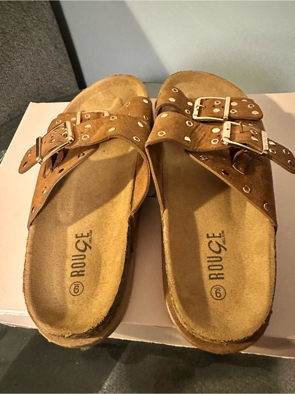 Rouge Helium Tan Suede Double-Buckle Slide Mules